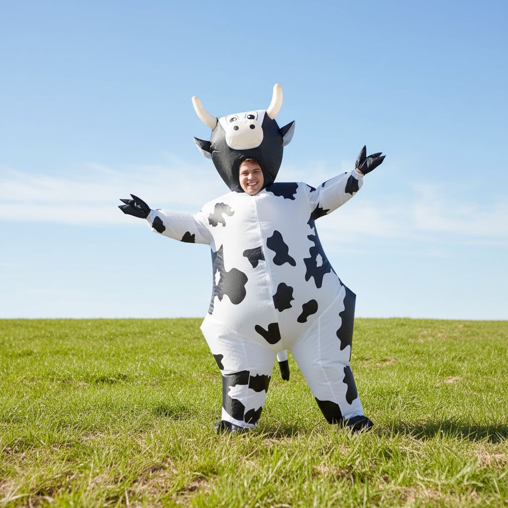 Inflatable Cow Costume with Open Face Hood and Hoof Covers for Funny Animal Dress Up