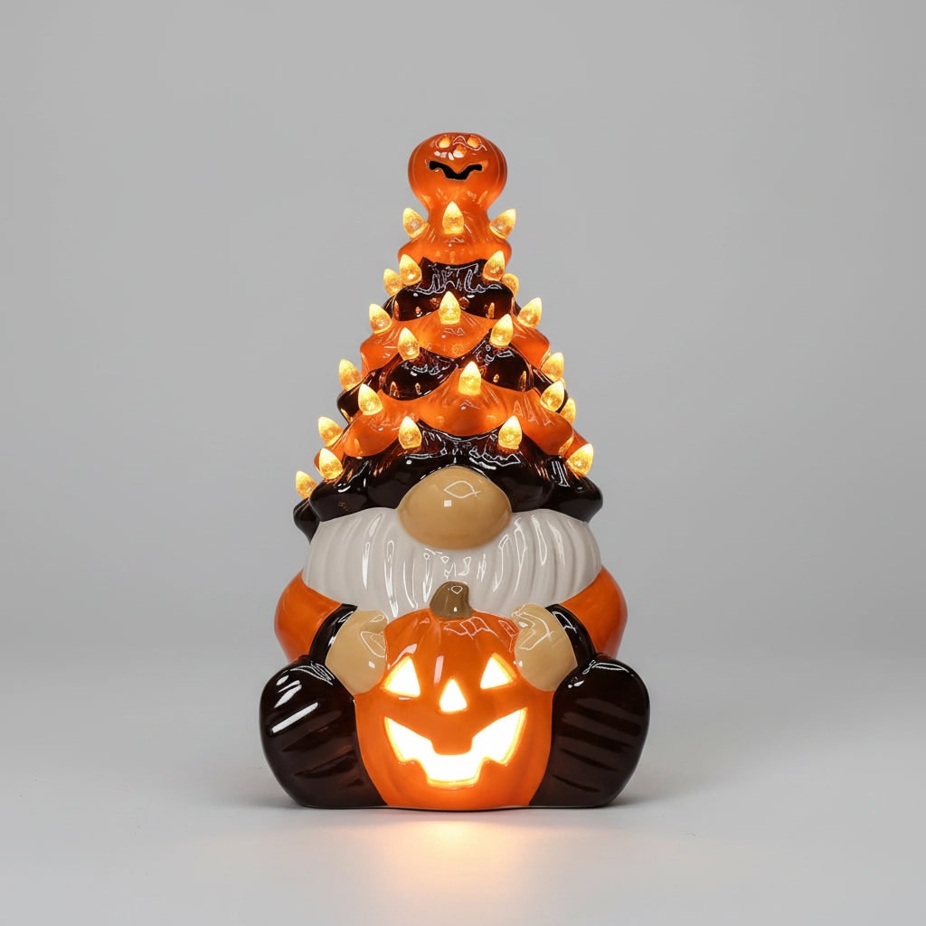 Light Up Ceramic Gnome Figurine Holding a Jack O Lantern for Halloween Display