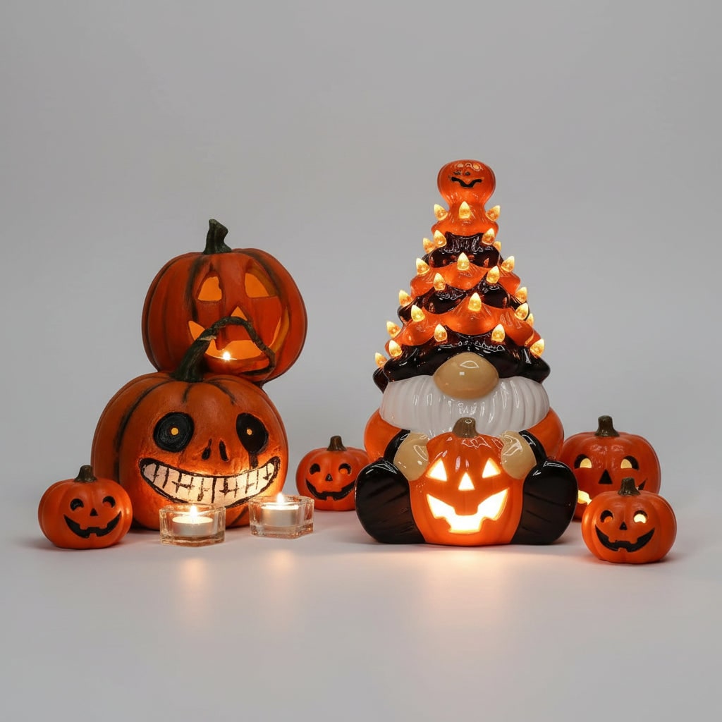 Light Up Ceramic Gnome Figurine Holding a Jack O Lantern for Halloween Display