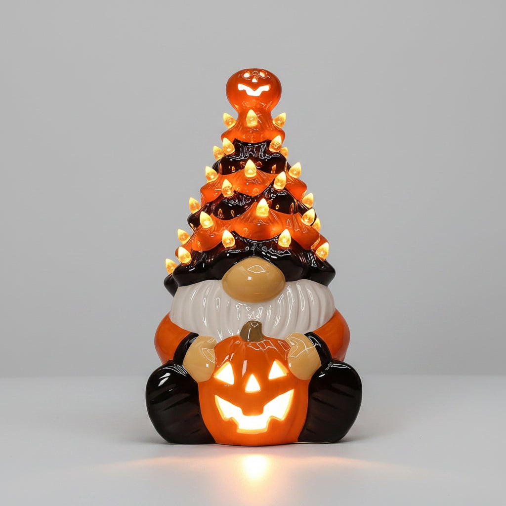 Light Up Ceramic Gnome Figurine Holding a Jack O Lantern for Halloween Display