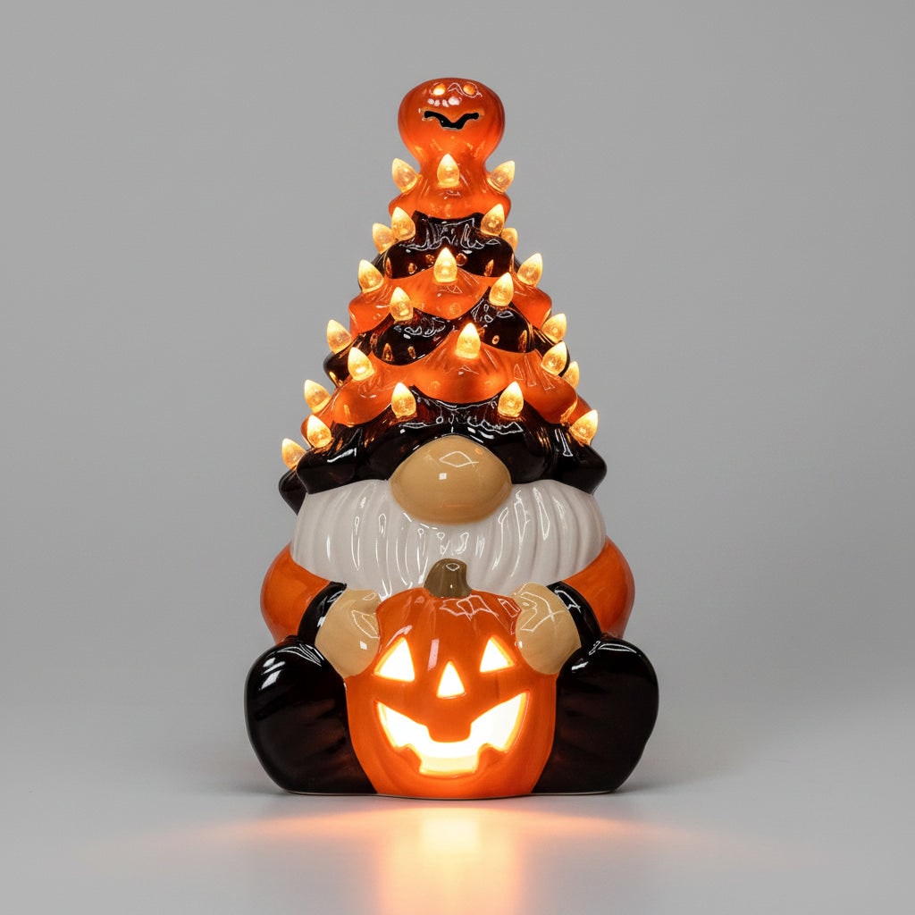Light Up Ceramic Gnome Figurine Holding a Jack O Lantern for Halloween Display
