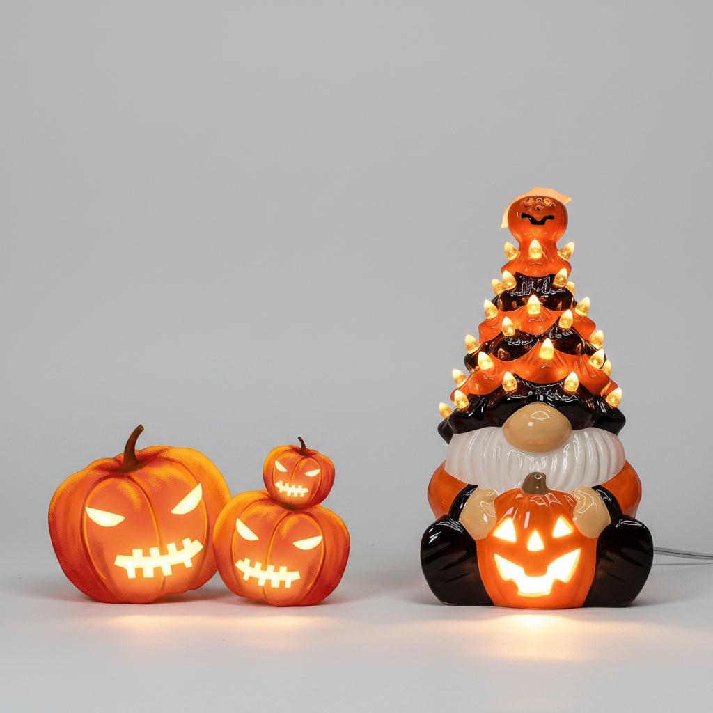 Light Up Ceramic Gnome Figurine Holding a Jack O Lantern for Halloween Display