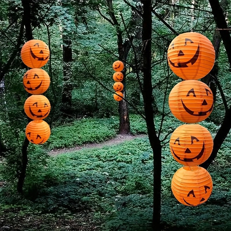 Hanging Paper Pumpkin Lantern Set of 12 with Printed Carved Faces for Halloween