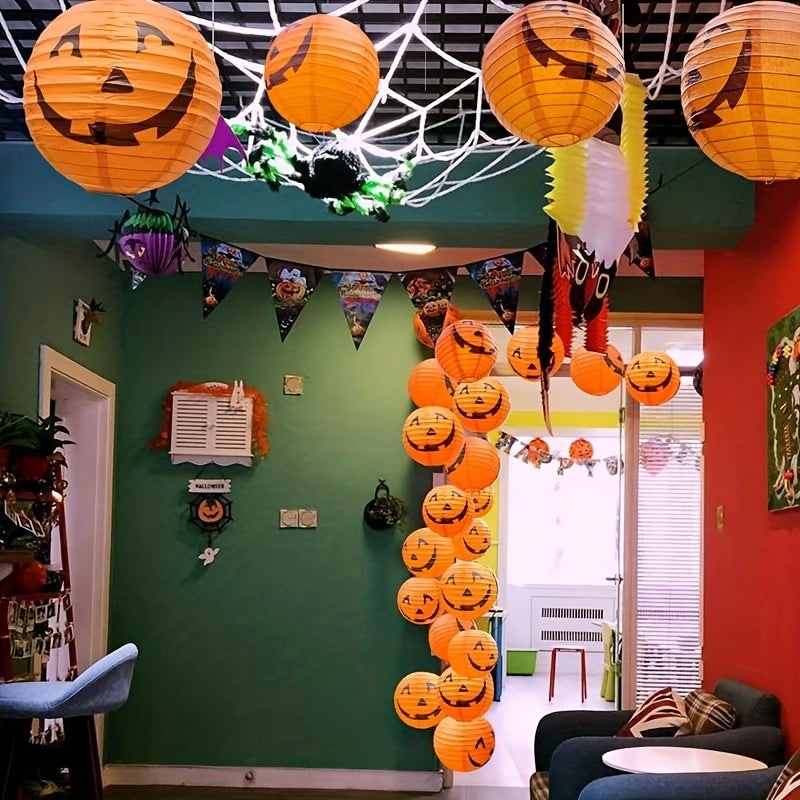 Hanging Paper Pumpkin Lantern Set of 12 with Printed Carved Faces for Halloween