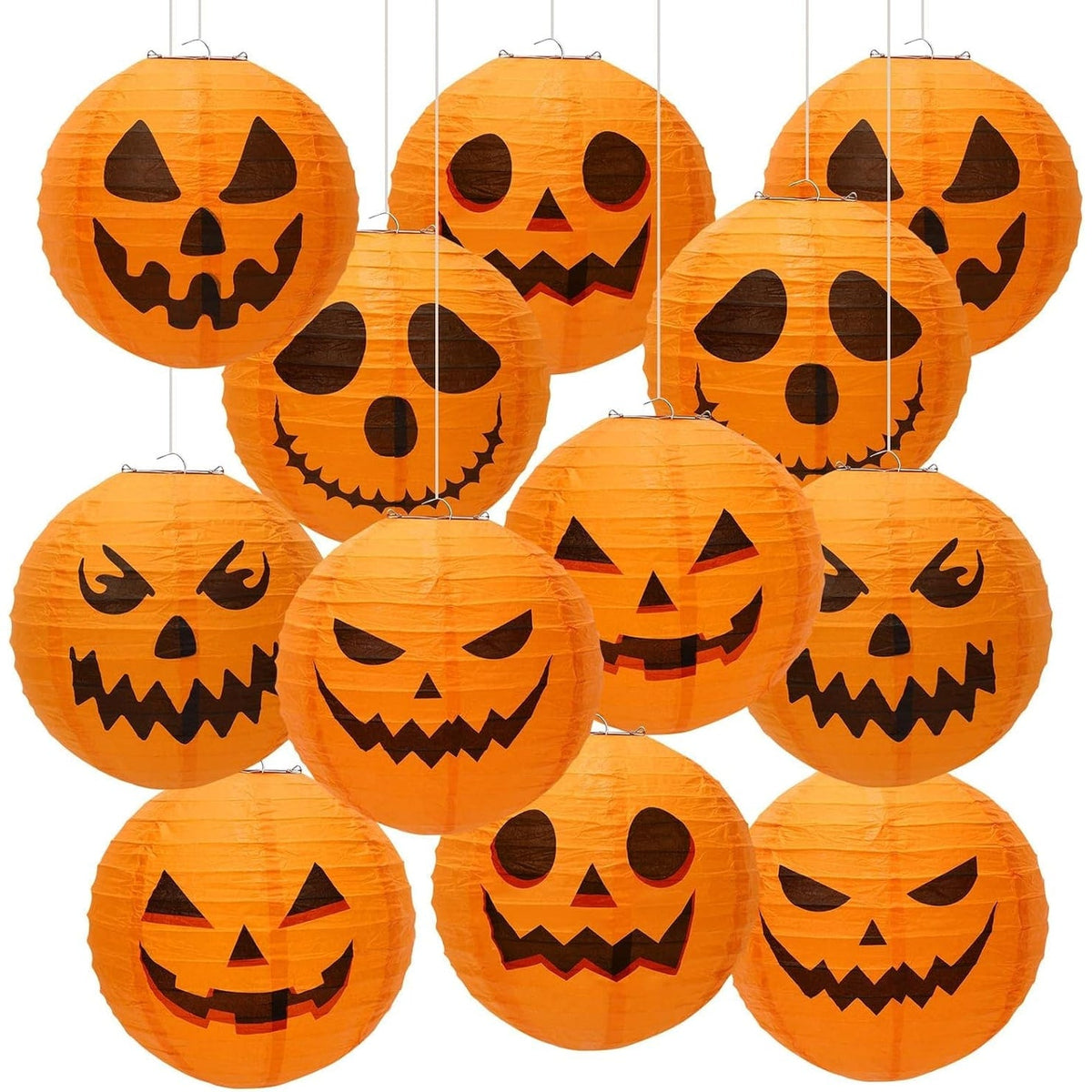 Hanging Paper Pumpkin Lantern Set of 12 with Printed Carved Faces for Halloween