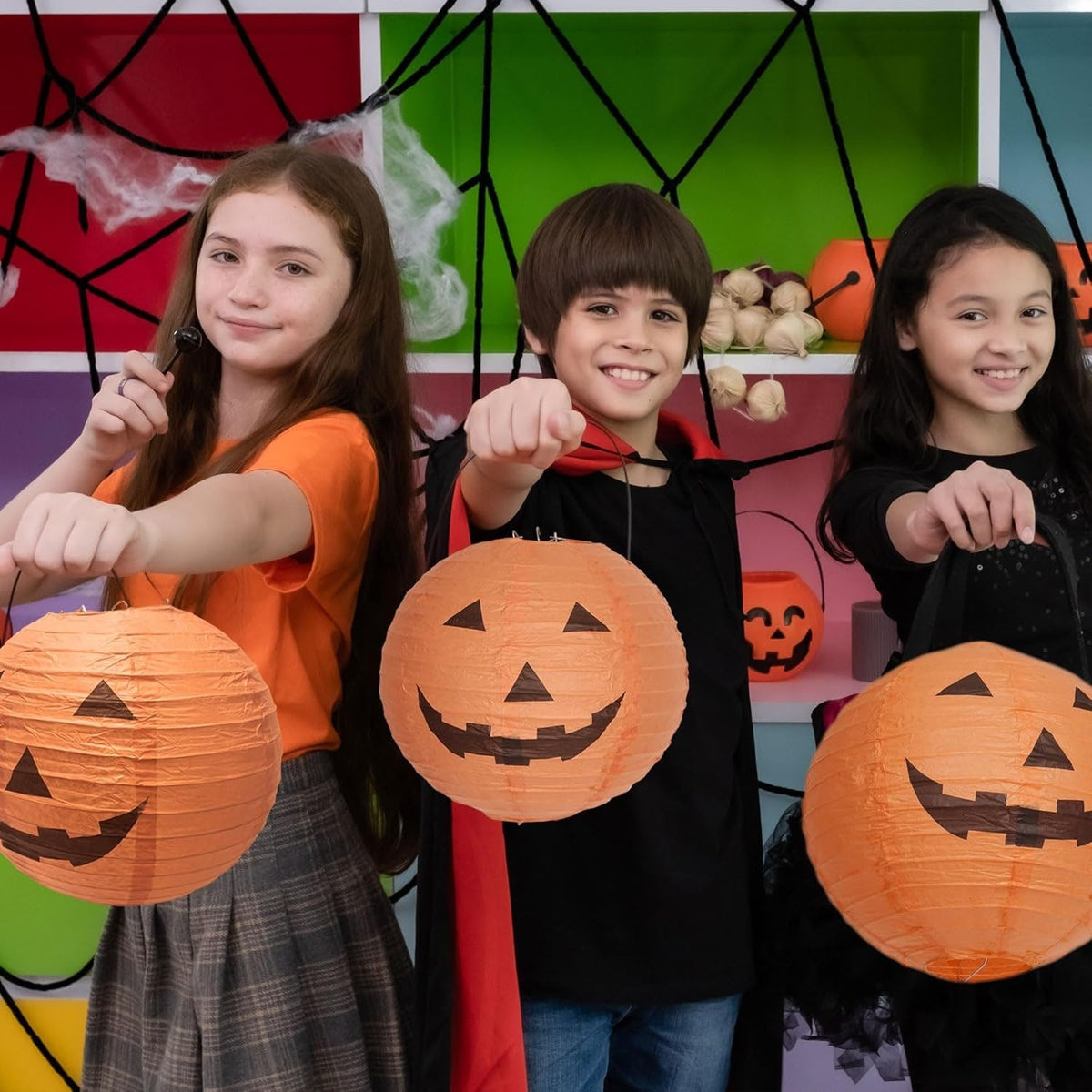 Hanging Paper Pumpkin Lantern Set of 12 with Printed Carved Faces for Halloween
