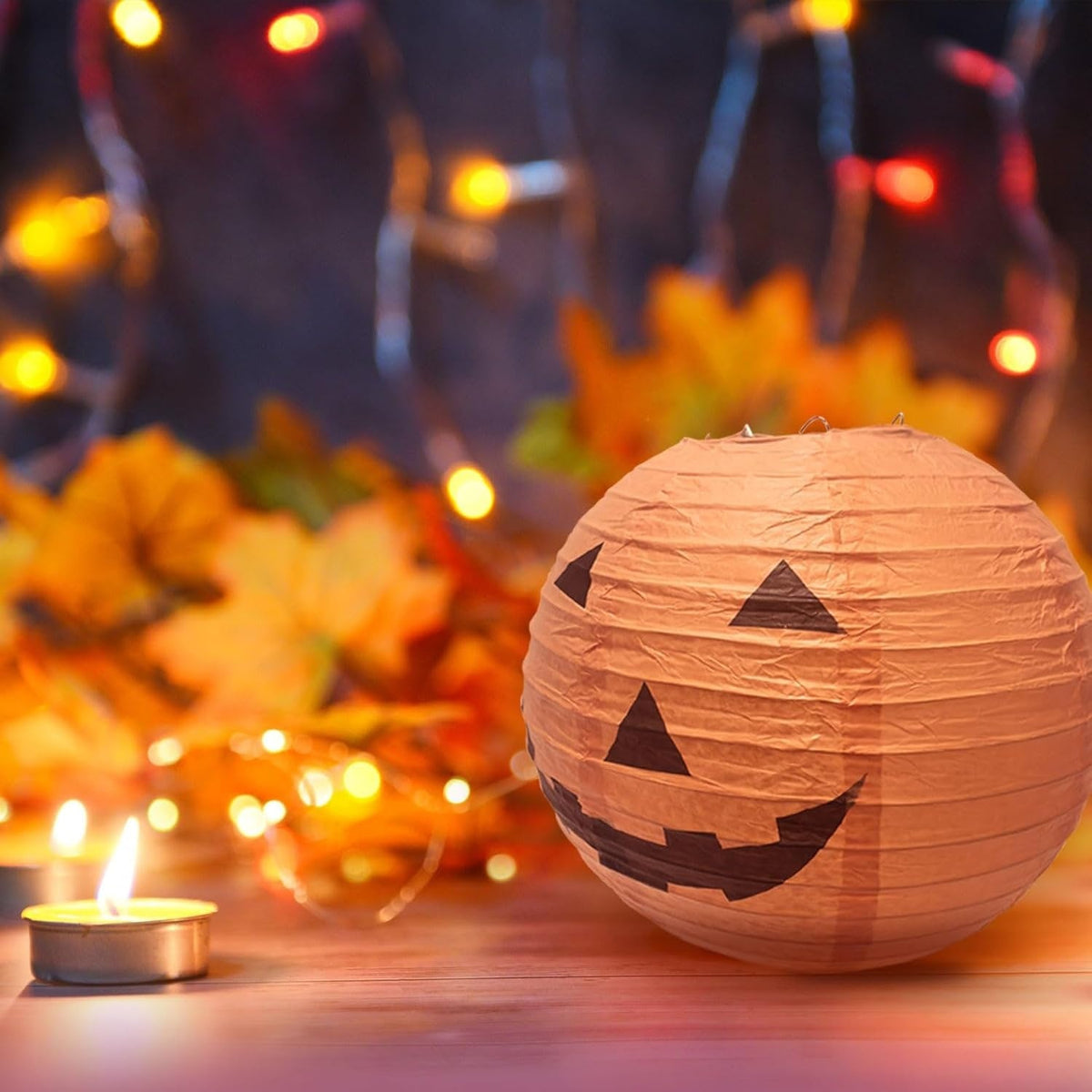 Hanging Paper Pumpkin Lantern Set of 12 with Printed Carved Faces for Halloween