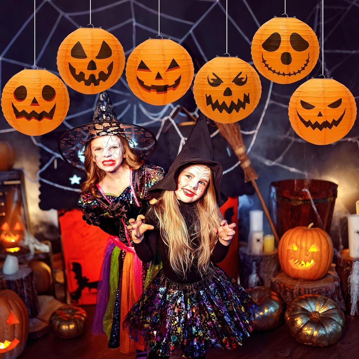 Hanging Paper Pumpkin Lantern Set of 12 with Printed Carved Faces for Halloween