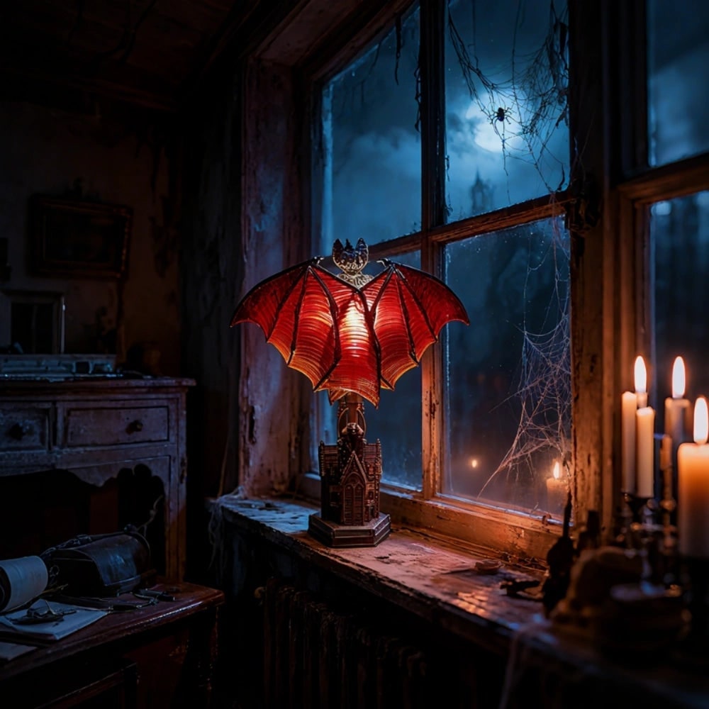LED Light Bat Table Lamp with Translucent Wings and Gothic Cathedral Base