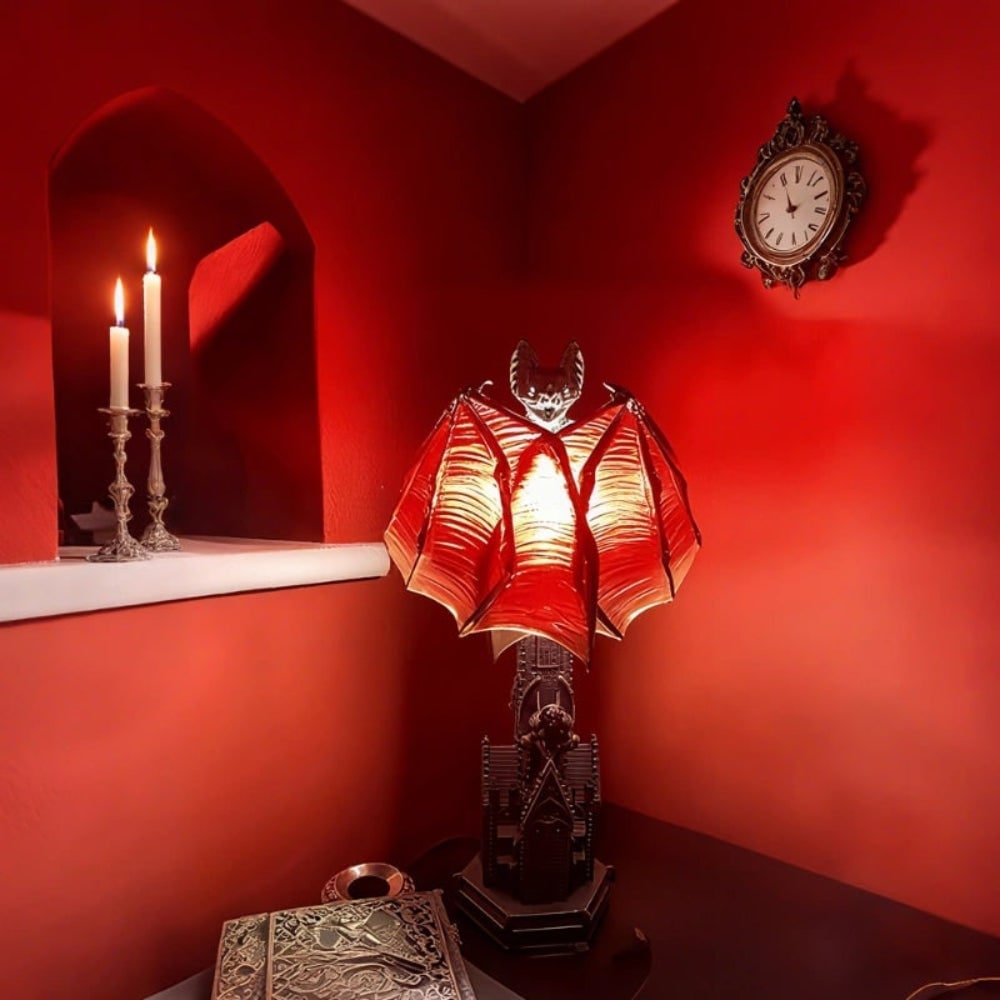 LED Light Bat Table Lamp with Translucent Wings and Gothic Cathedral Base