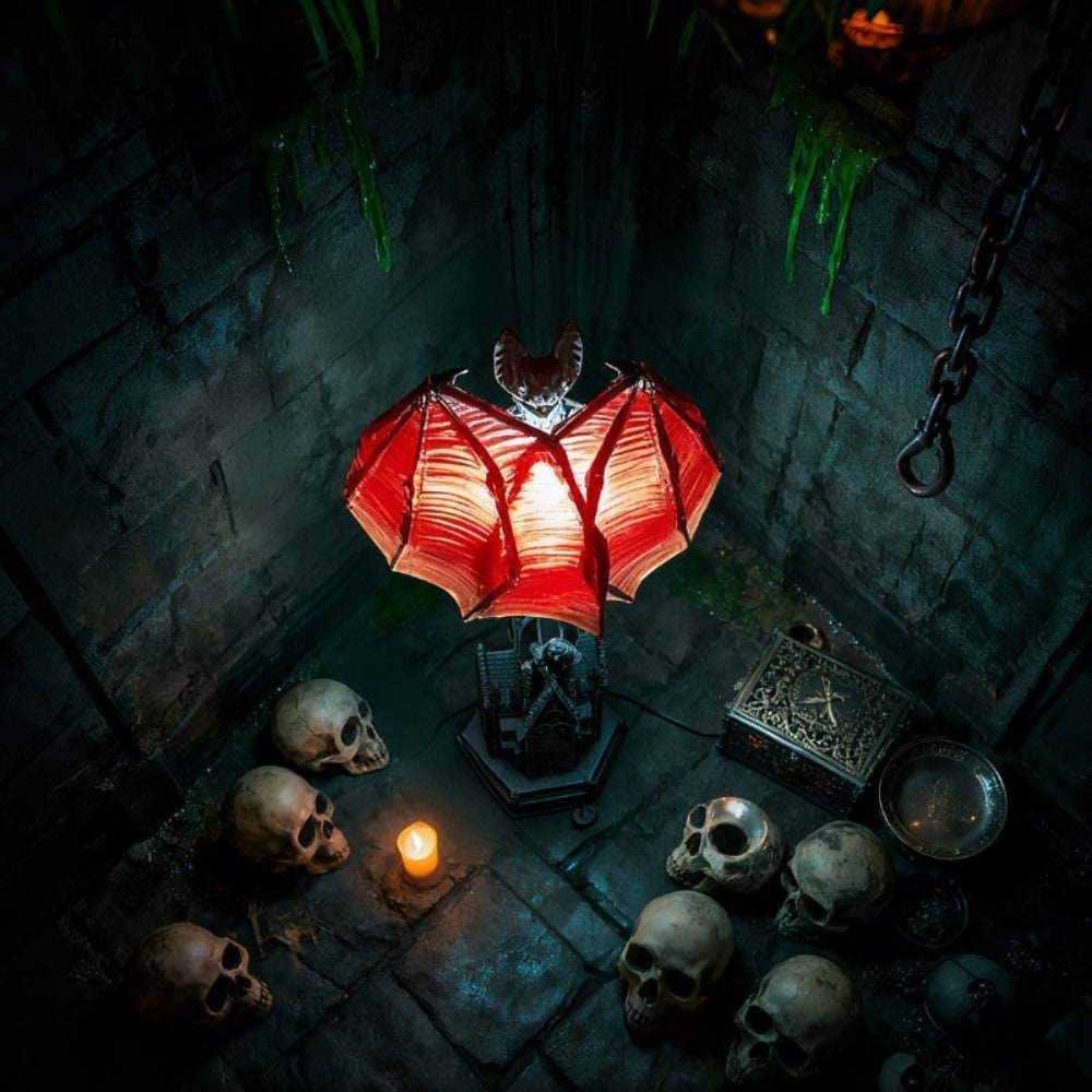 LED Light Bat Table Lamp with Translucent Wings and Gothic Cathedral Base
