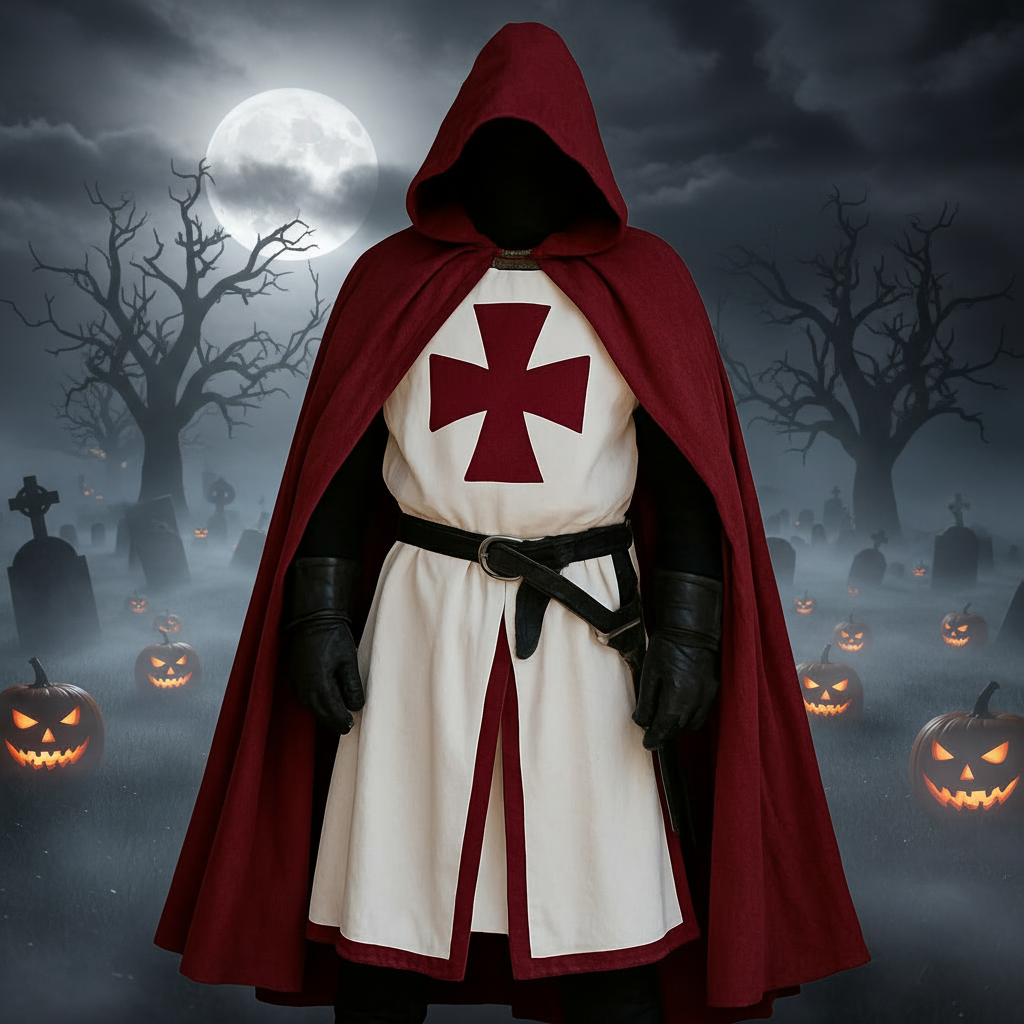 Halloween Costumes Medieval Knight Crusader Tunic with Cross Print and Split Hem Panels