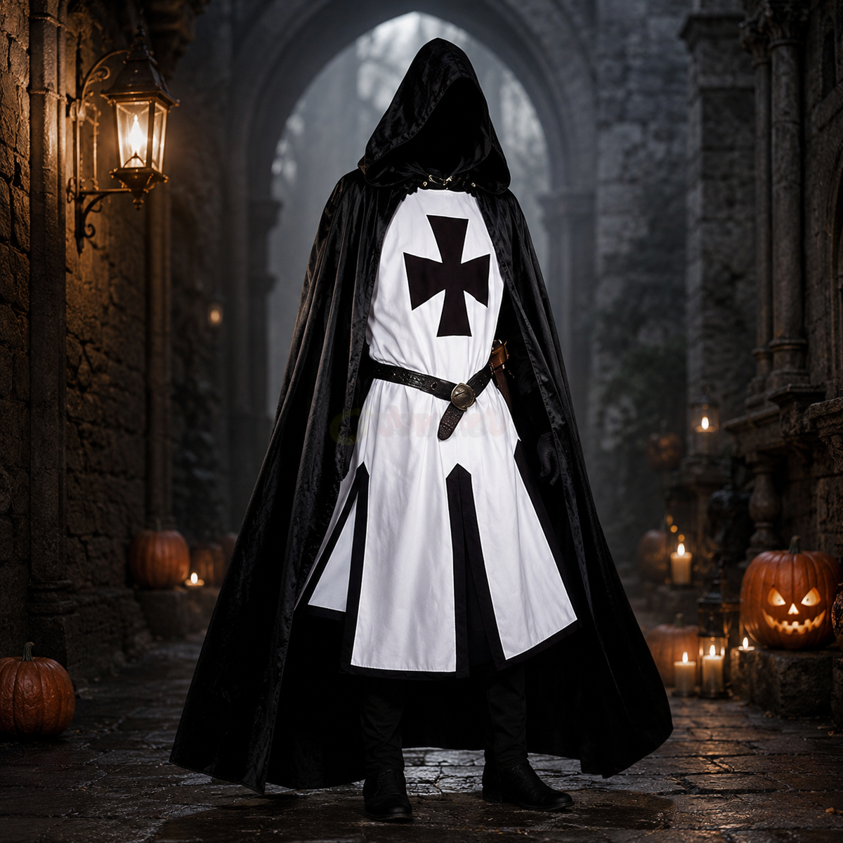 Halloween Costumes Medieval Knight Crusader Tunic with Cross Print and Split Hem Panels