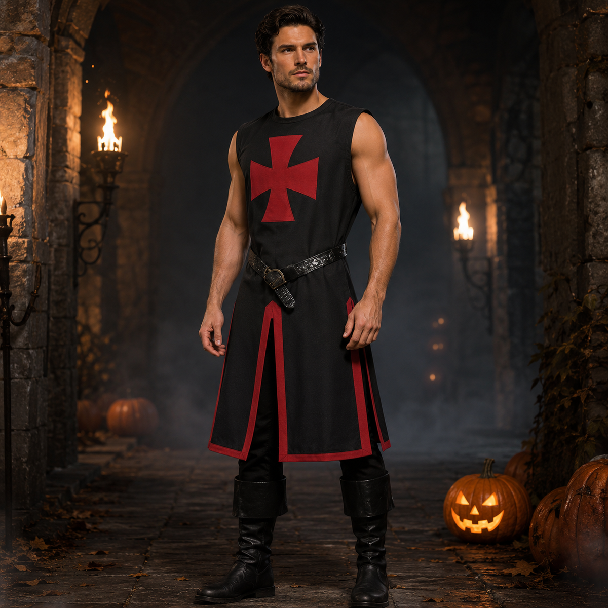 Halloween Costumes Medieval Knight Crusader Tunic with Cross Print and Split Hem Panels