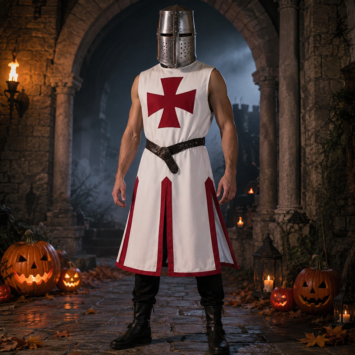 Halloween Costumes Medieval Knight Crusader Tunic with Cross Print and Split Hem Panels