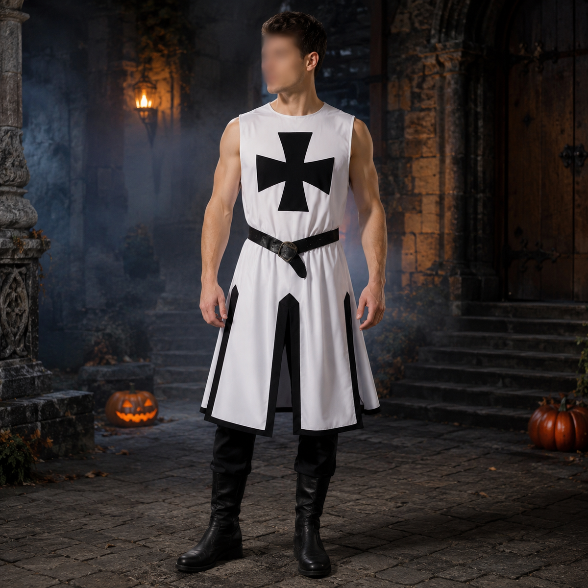 Halloween Costumes Medieval Knight Crusader Tunic with Cross Print and Split Hem Panels