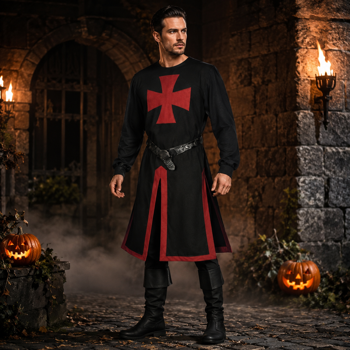 Halloween Costumes Medieval Knight Crusader Tunic with Cross Print and Split Hem Panels