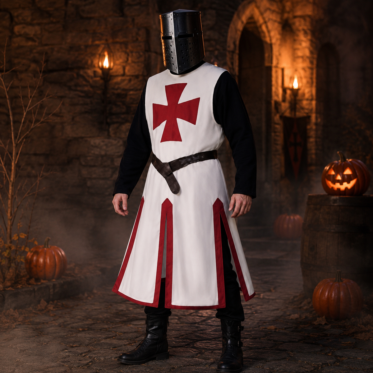 Halloween Costumes Medieval Knight Crusader Tunic with Cross Print and Split Hem Panels