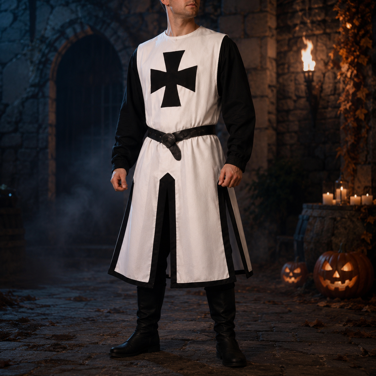 Halloween Costumes Medieval Knight Crusader Tunic with Cross Print and Split Hem Panels