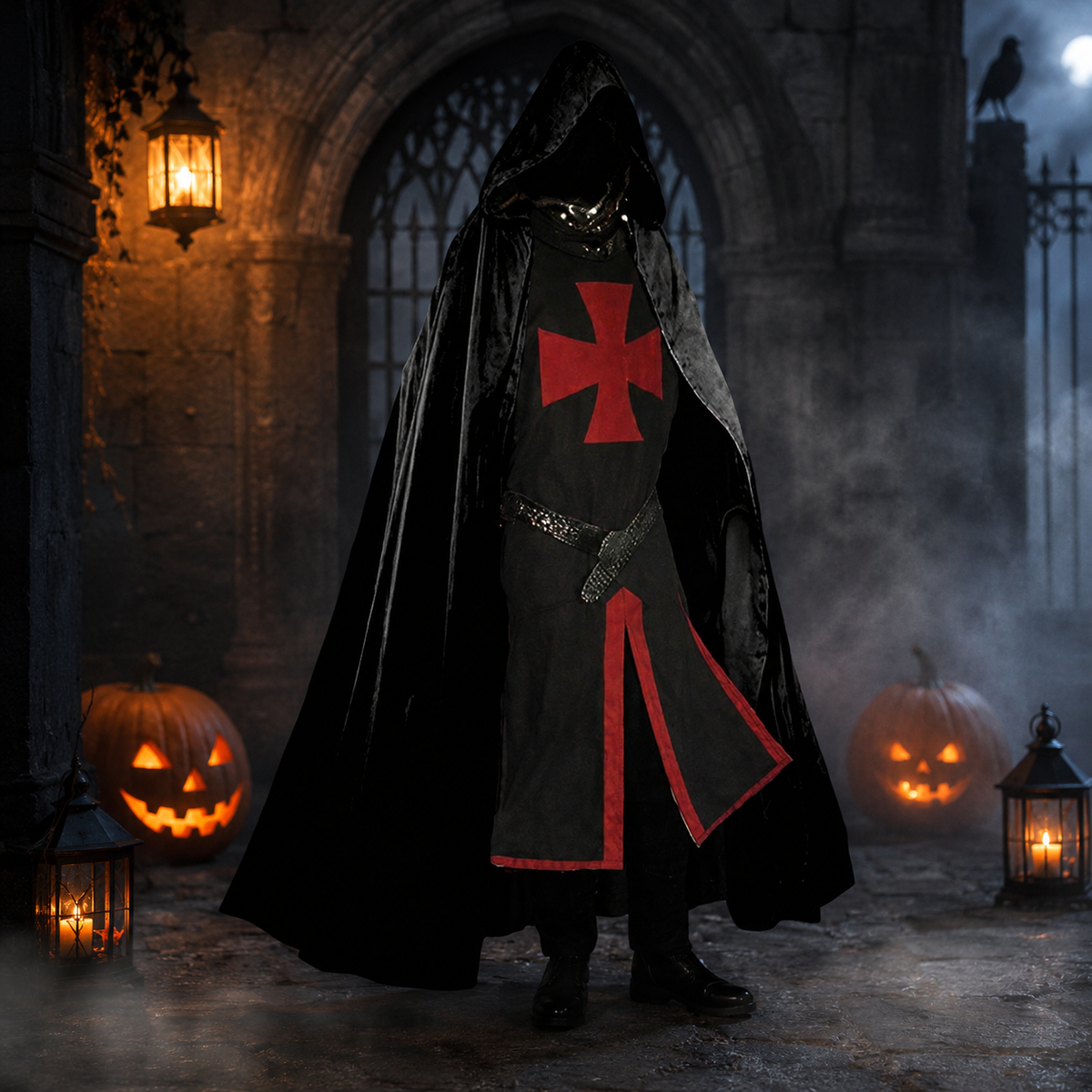 Halloween Costumes Medieval Knight Crusader Tunic with Cross Print and Split Hem Panels