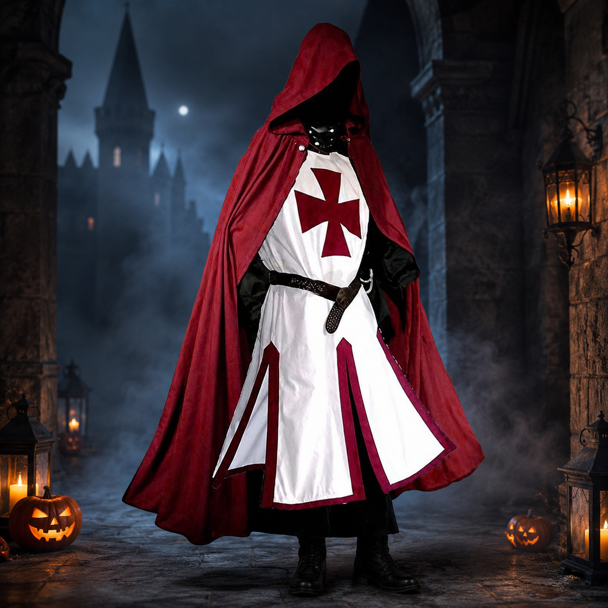Halloween Costumes Medieval Knight Crusader Tunic with Cross Print and Split Hem Panels