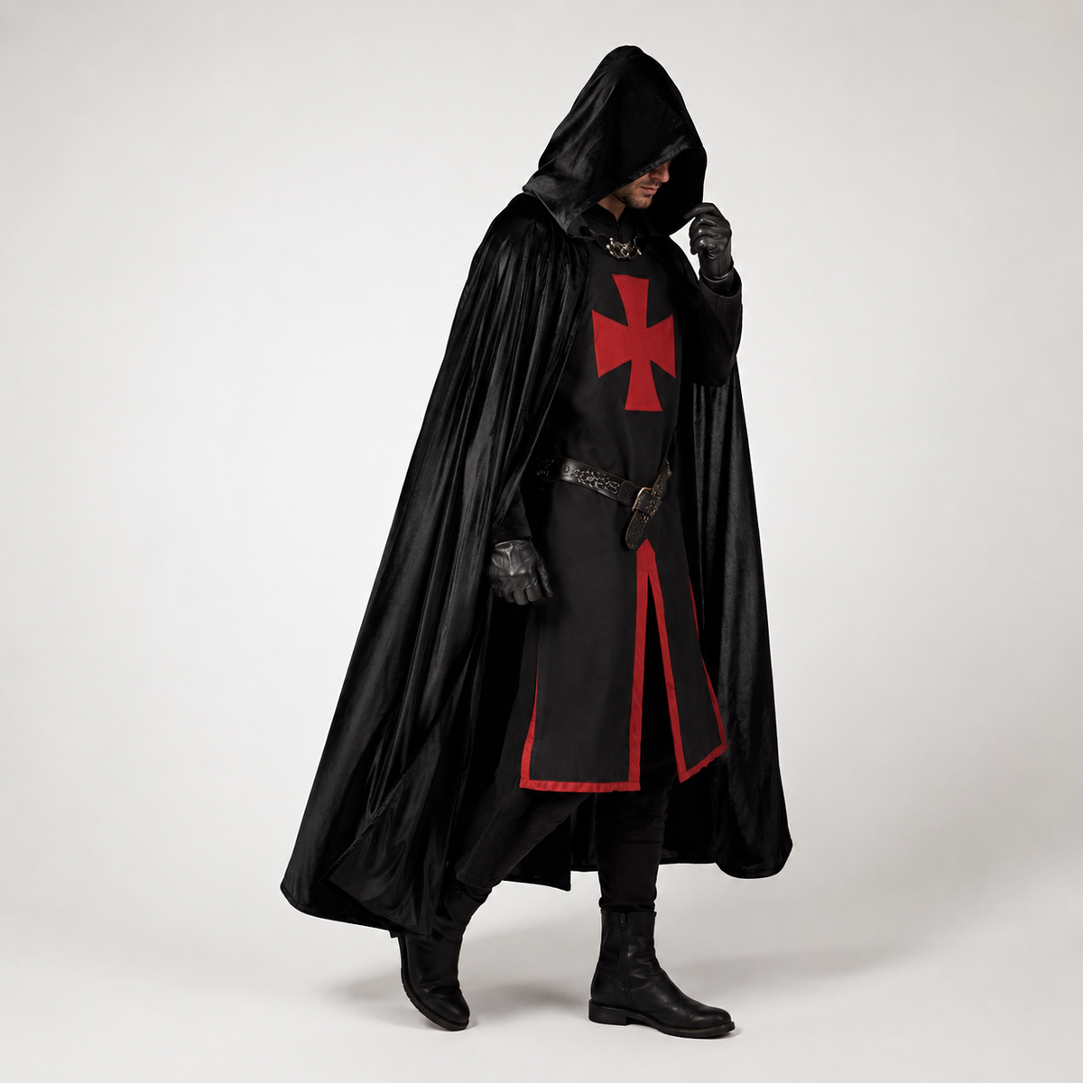 Medieval Knight Cosplay Costume Tunic with Hooded Cloak and Cross Detail for Parties