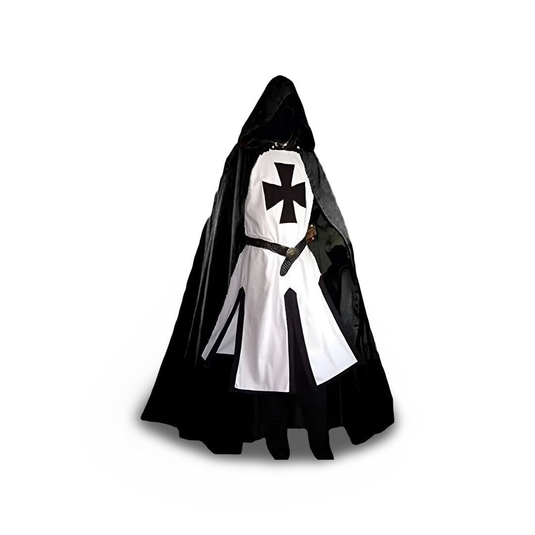 Medieval Knight Cosplay Costume Tunic with Hooded Cloak and Cross Detail for Parties