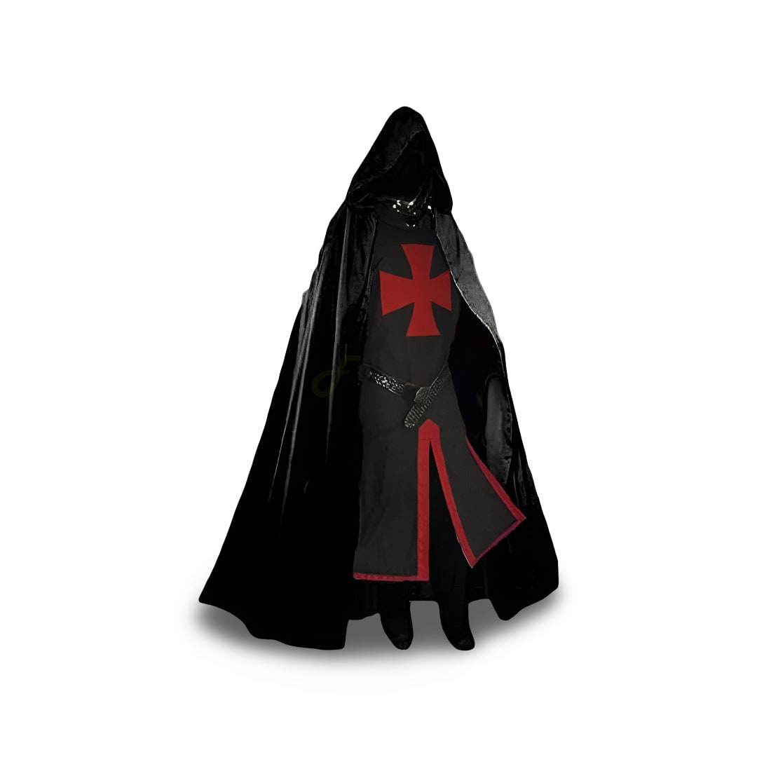 Medieval Knight Cosplay Costume Tunic with Hooded Cloak and Cross Detail for Parties