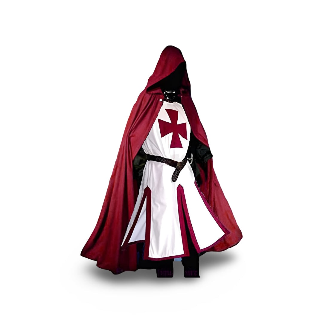 Medieval Knight Cosplay Costume Tunic with Hooded Cloak and Cross Detail for Parties