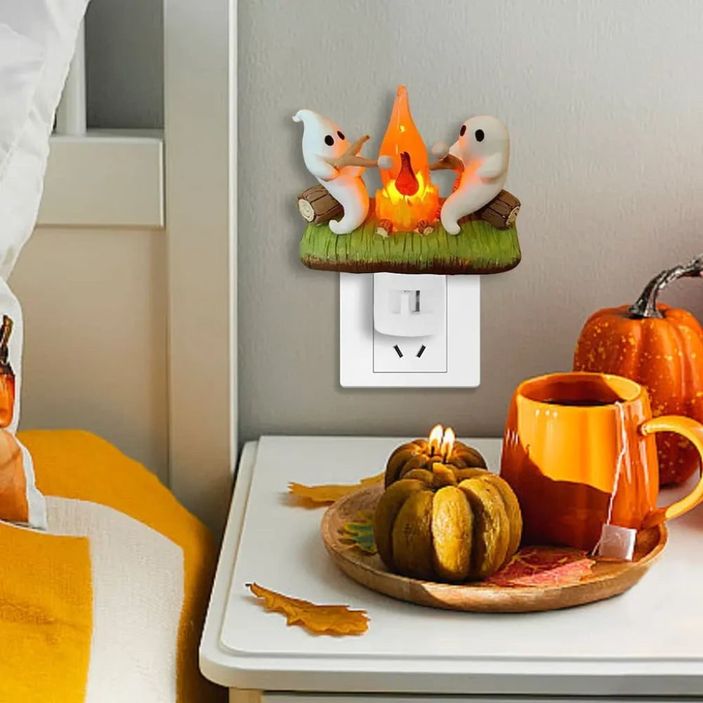LED Lights for Room with Ghost Campfire Halloween Party Decorations Plug In Resin Night Lamp
