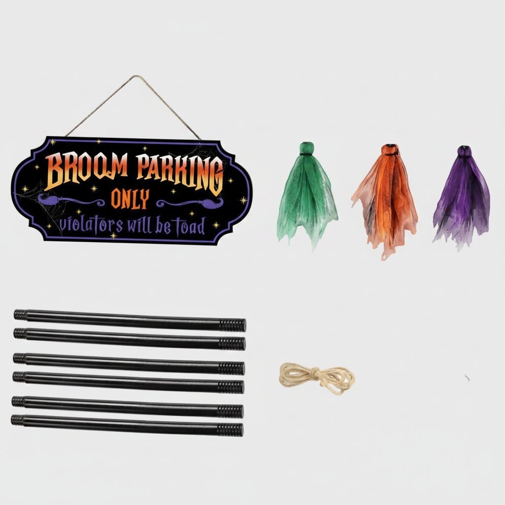 Halloween Signs No Parking Anytime Broom Display with Decorative Mesh for Yard