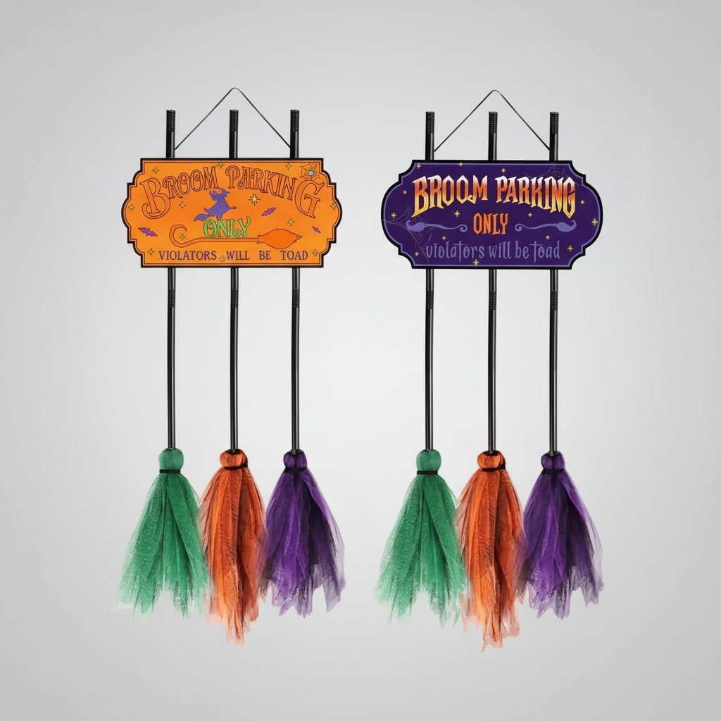 Halloween Signs No Parking Anytime Broom Display with Decorative Mesh for Yard