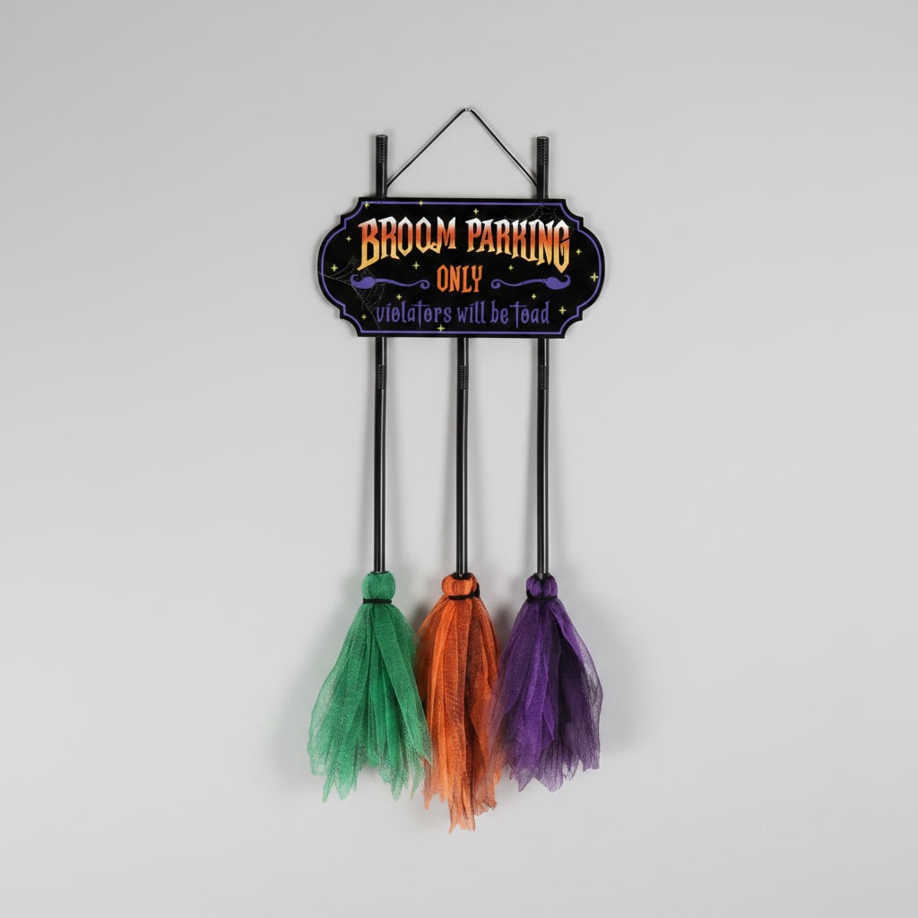 Halloween Signs No Parking Anytime Broom Display with Decorative Mesh for Yard