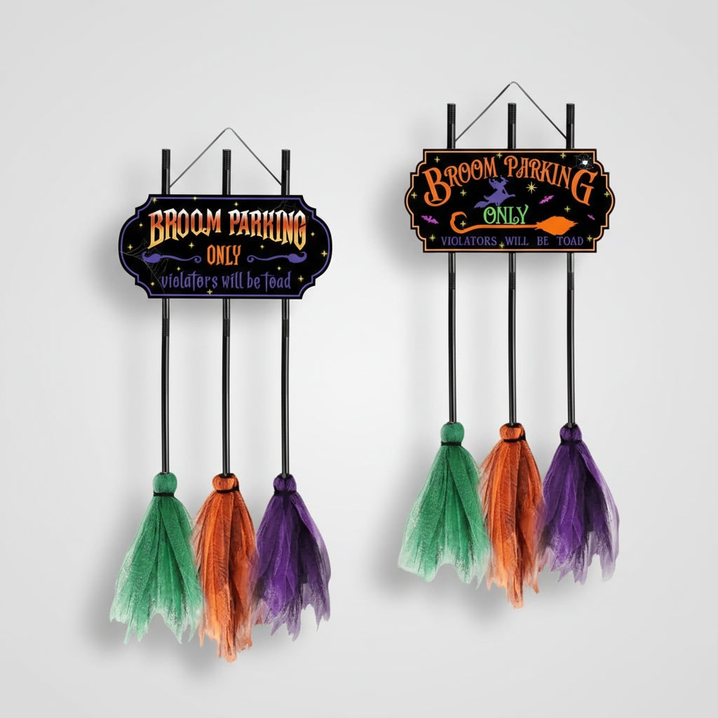 Halloween Signs No Parking Anytime Broom Display with Decorative Mesh for Yard