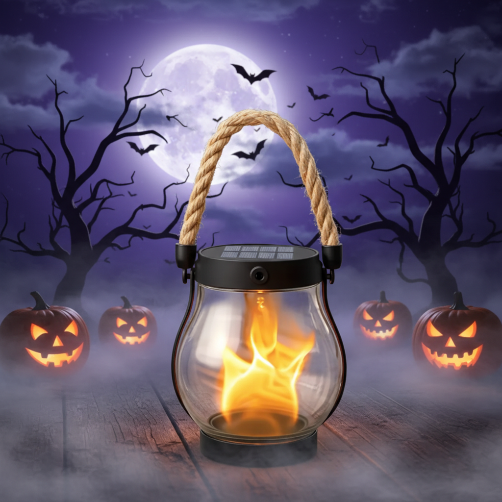 Outdoor Hanging Lanterns for Halloween with Flickering Flame Rope Handle and Solar USB-C Charging
