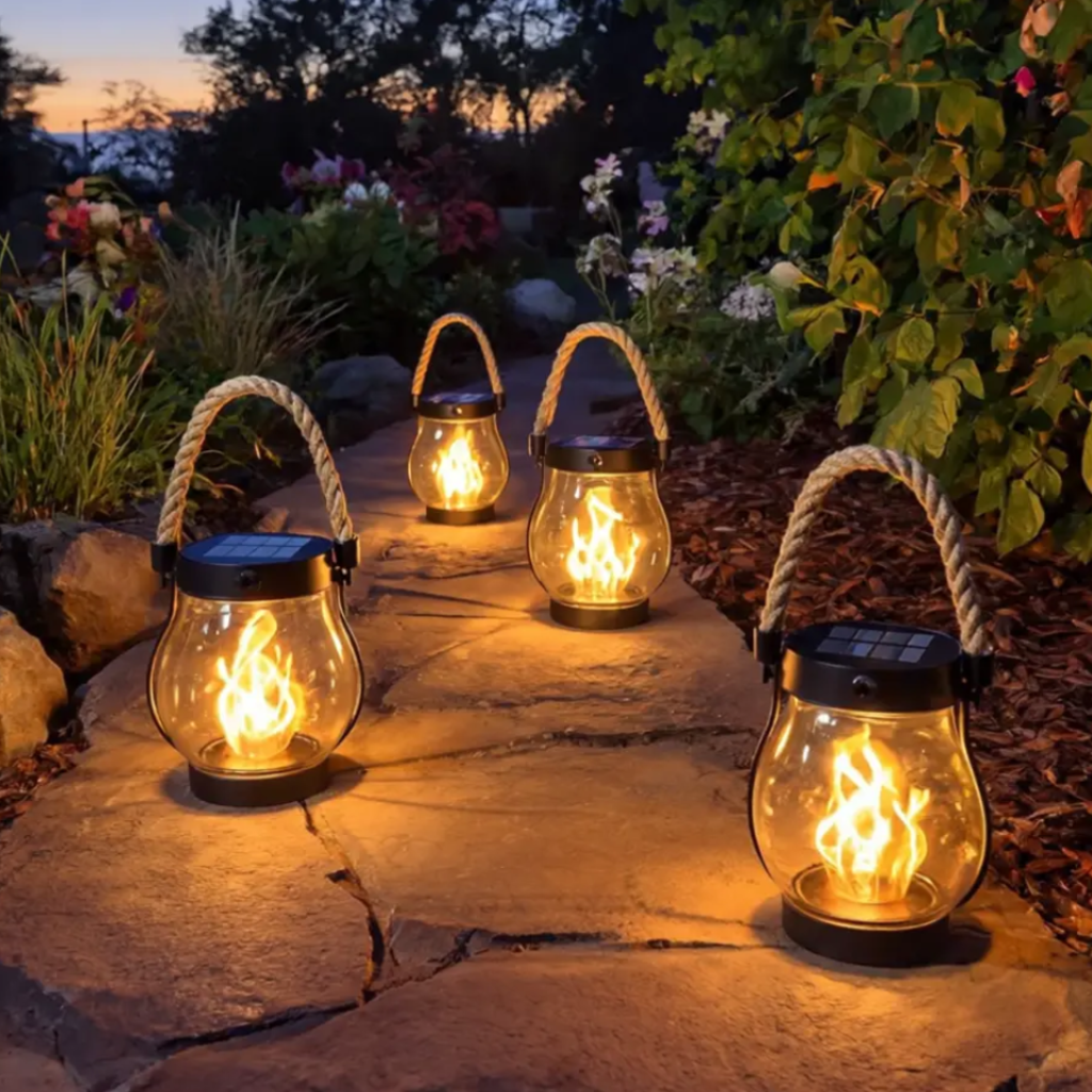 Outdoor Hanging Lanterns for Halloween with Flickering Flame Rope Handle and Solar USB-C Charging