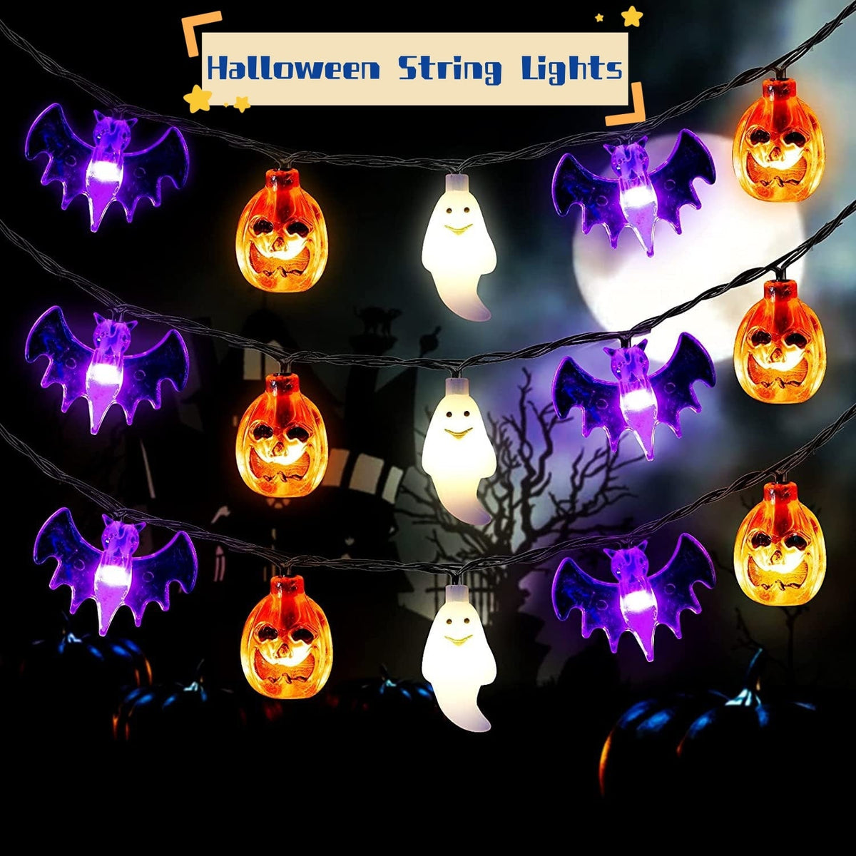 Halloween Decorations Outdoor Pumpkin Ghost Bat Fairy Lights Battery Operated for Patio Party