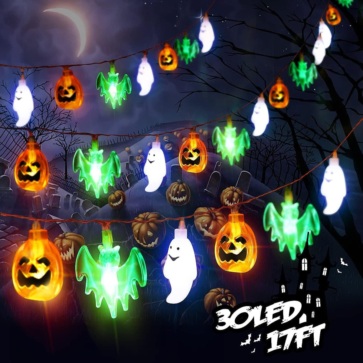 Halloween Decorations Outdoor Pumpkin Ghost Bat String Lights Battery Operated for Patio Party
