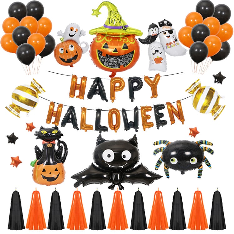 Halloween Party Decorations Kit with Foil Letter Balloons Bat Spider and Pumpkin Tassels