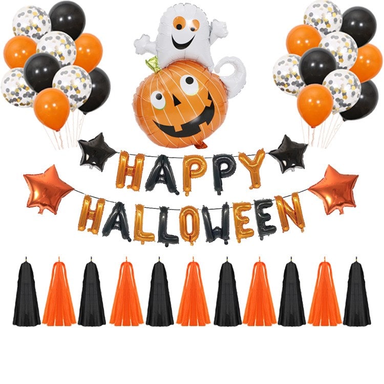 Halloween Party Decorations Kit with Foil Letter Balloons Bat Spider and Pumpkin Tassels