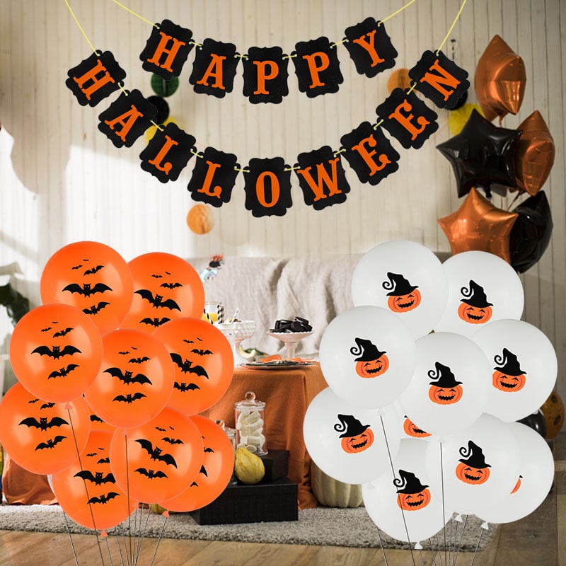 Halloween Party Decorations with Spooky Printed Latex Balloons Pumpkin and Bat Designs