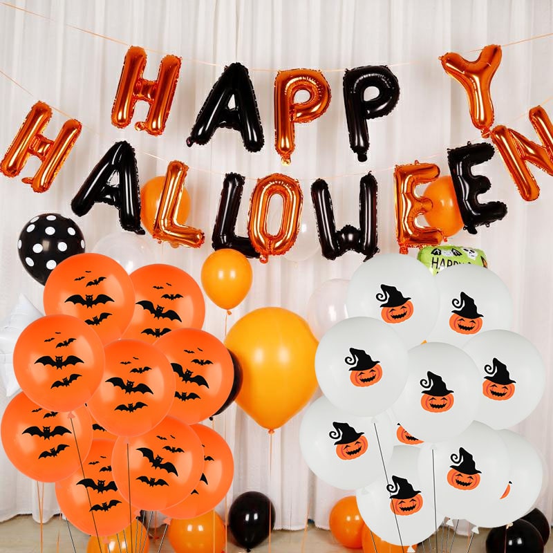 Halloween Party Decorations with Spooky Printed Latex Balloons Pumpkin and Bat Designs