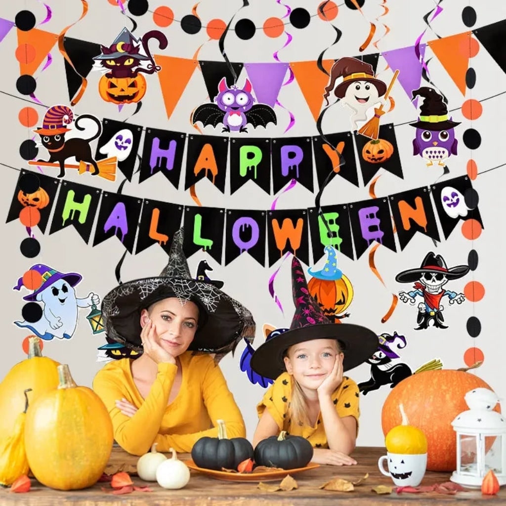 Hanging Halloween Decorations Banner Kit with Foil Swirls and Pennant Flags