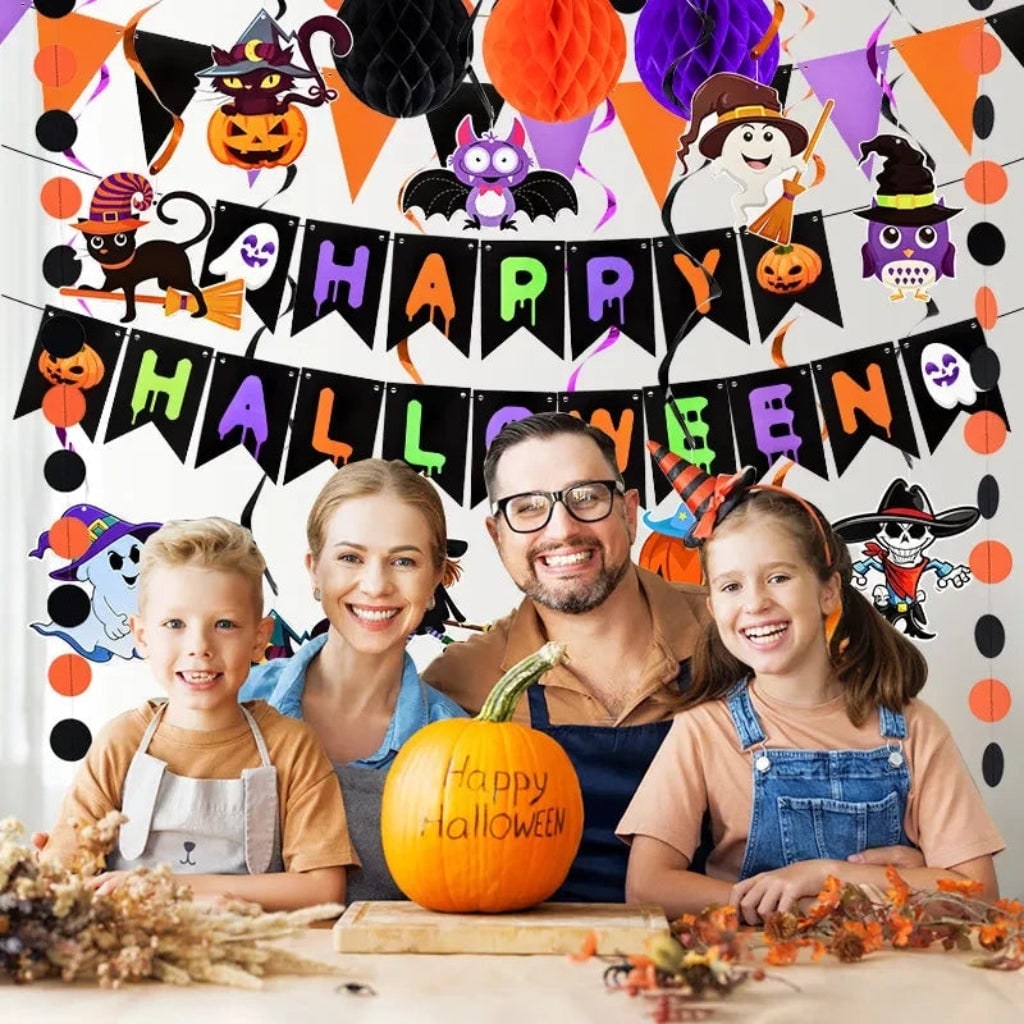 Hanging Halloween Decorations Banner Kit with Foil Swirls and Pennant Flags