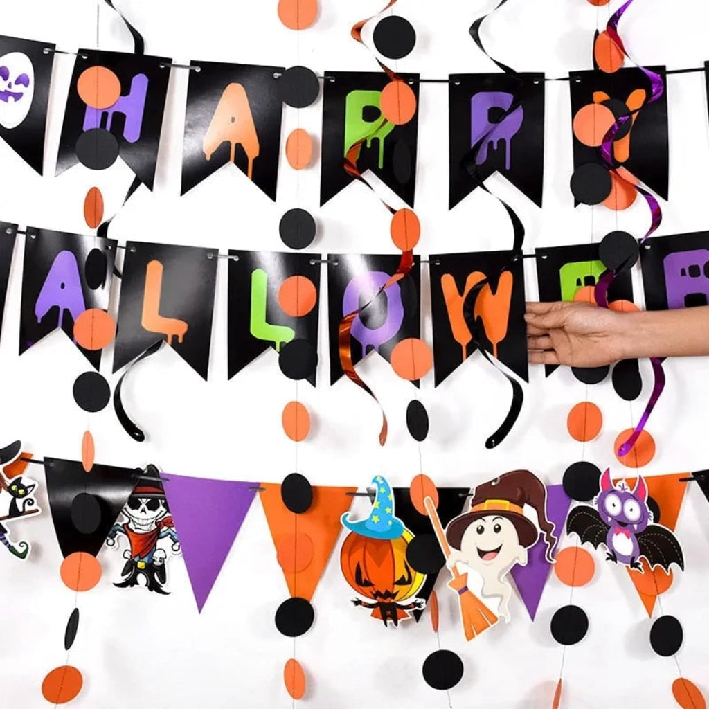 Hanging Halloween Decorations Banner Kit with Foil Swirls and Pennant Flags