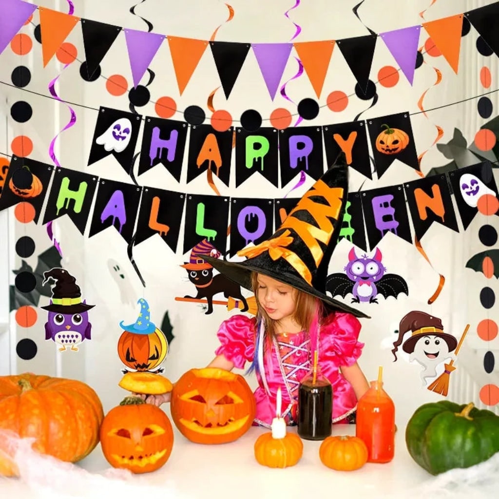 Hanging Halloween Decorations Banner Kit with Foil Swirls and Pennant Flags