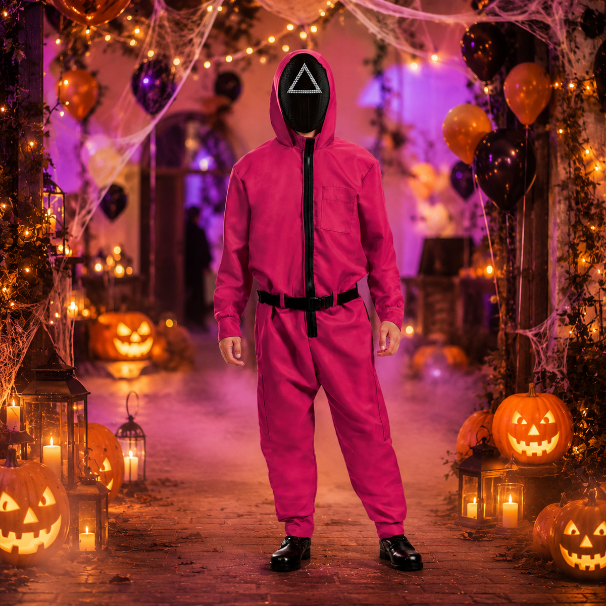 Halloween Costumes Hooded Jumpsuit with Geometric Mask and Belt for Party Cosplay Dress Up