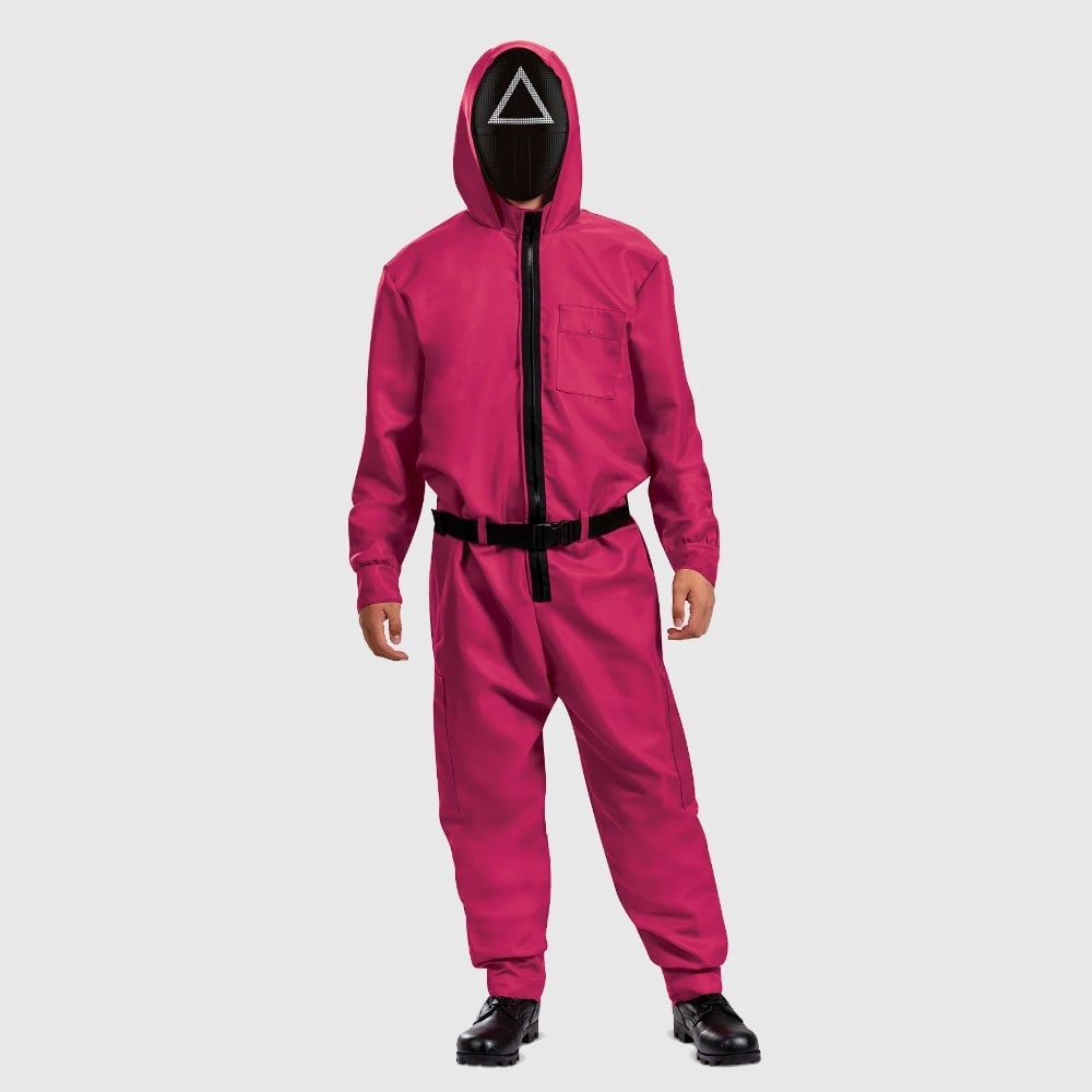 Halloween Costumes Hooded Jumpsuit with Geometric Mask and Belt for Party Cosplay Dress Up