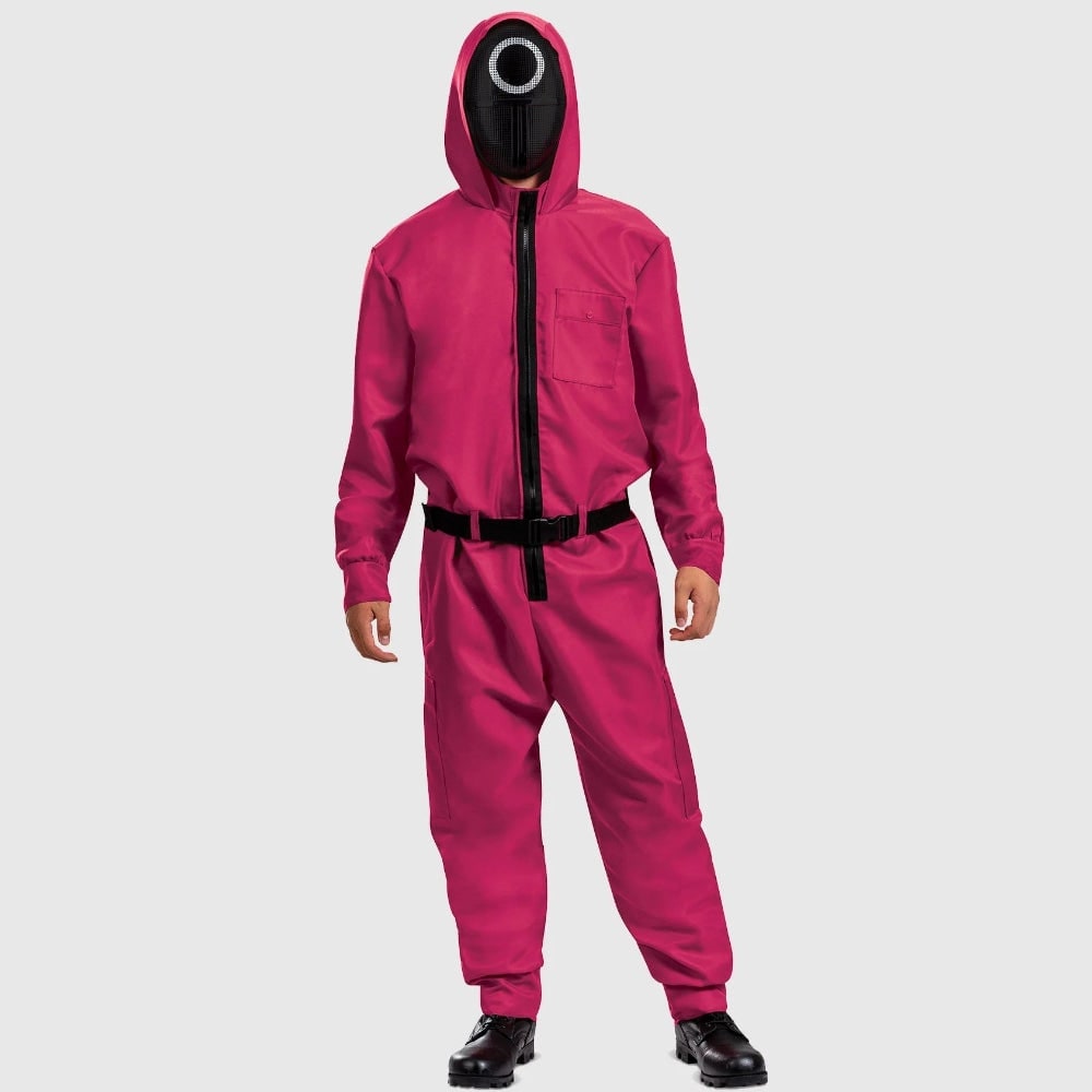 Halloween Costumes Hooded Jumpsuit with Geometric Mask and Belt for Party Cosplay Dress Up