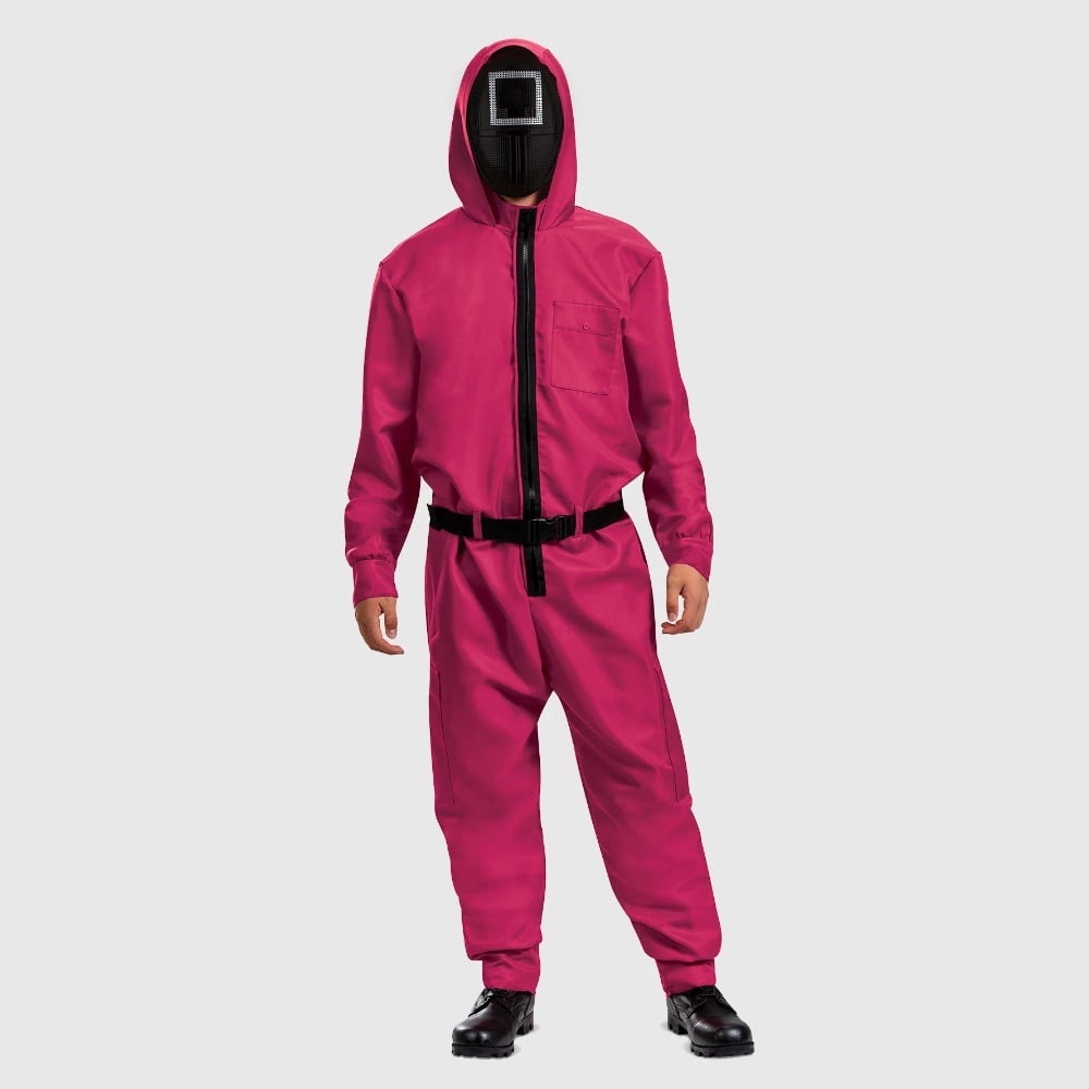 Halloween Costumes Hooded Jumpsuit with Geometric Mask and Belt for Party Cosplay Dress Up